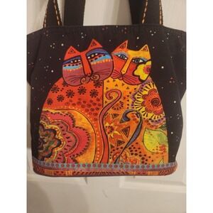 Laurel Burch Cat Print Cotton Tote Bag With Zipper Closure & Inner Pockets Black